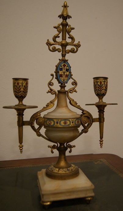 Triptych Pendulum And French Candlesticks In Marble And Bronze Decorated In Eclectic Style 1800-photo-1