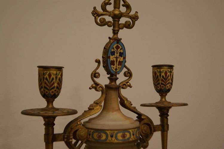 Triptych Pendulum And French Candlesticks In Marble And Bronze Decorated In Eclectic Style 1800-photo-2