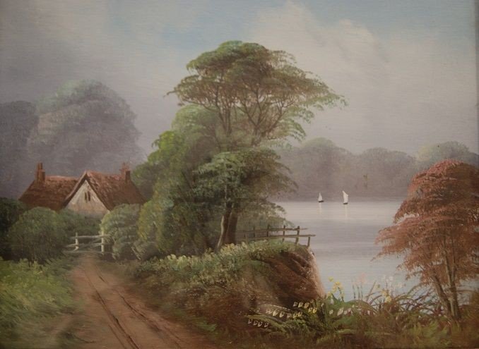 Pair Of English Oils On Cardboard English Landscapes From 1900-photo-4