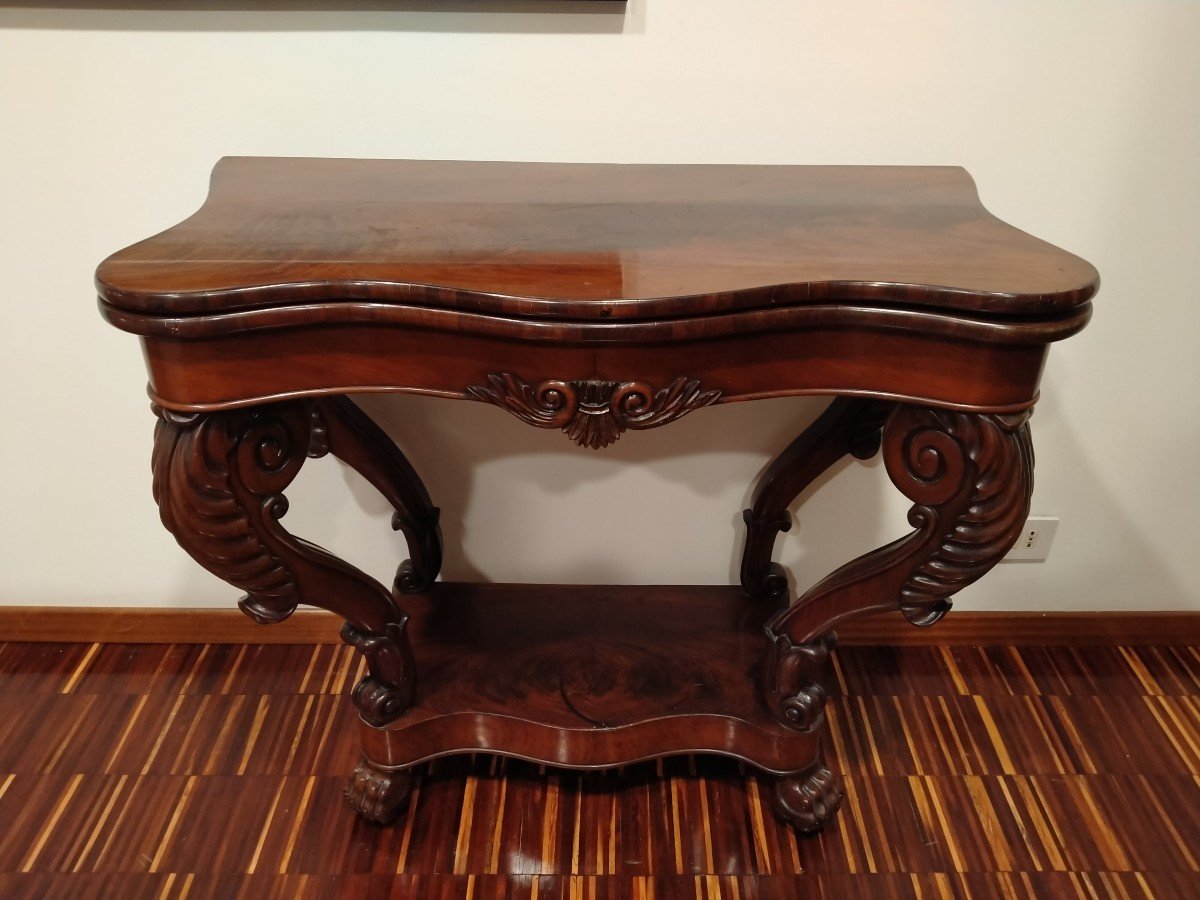 Console De Style Charles X En Bois d'Acajou Et Plume d'Acajou Des Années 1800