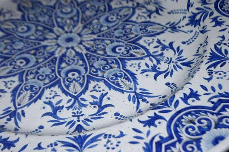 Large Plate From The 1800s In Blue Decorated Ceramic On A White Background-photo-2