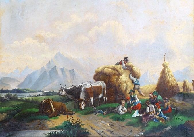 Huile Sur Toile Scène Pastorale d'Europe Du Nord Des Années 1800 Bergers Avec Troupeau-photo-2