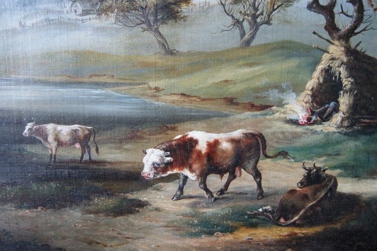 Oil On Canvas Signed Representing English Landscape, Shepherd And Flock From The Years 1817-photo-1