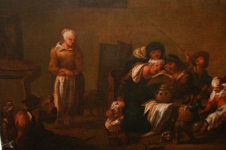  Huile Sur Toile Flamande De La Fin Des Années 1700 Représentant l'Intérieur d'Une Taverne-photo-3