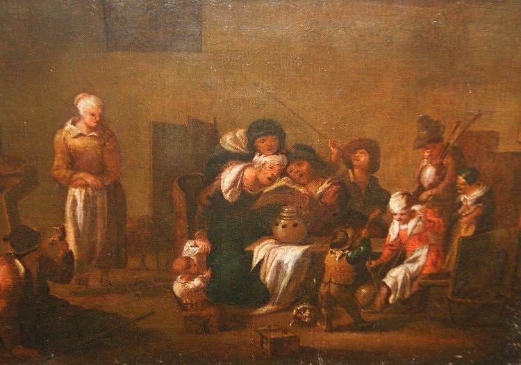  Huile Sur Toile Flamande De La Fin Des Années 1700 Représentant l'Intérieur d'Une Taverne