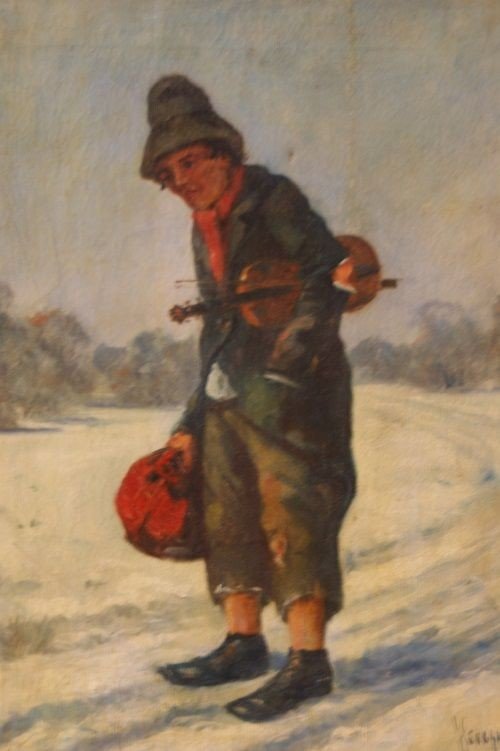 Oil On Canvas Violinist In The Snow, 1800s Street Artist-photo-2