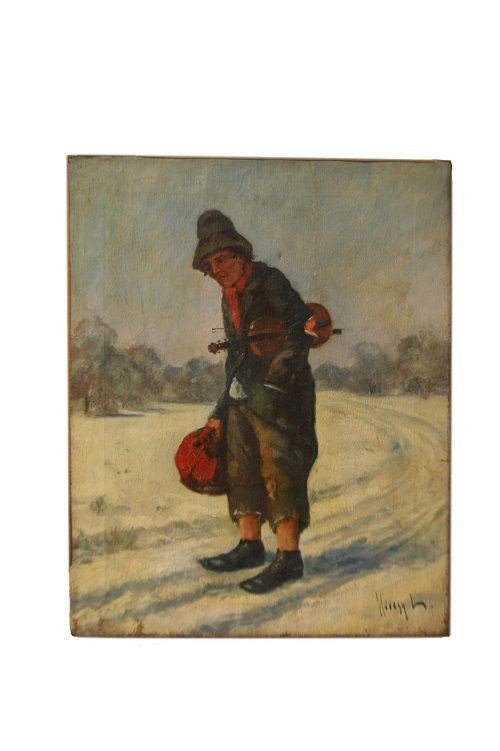 Oil On Canvas Violinist In The Snow, 1800s Street Artist