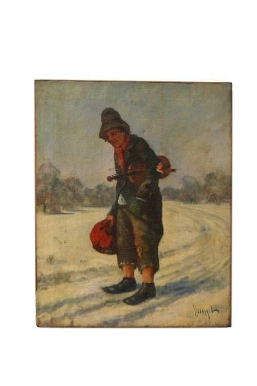 Huile Sur Toile Violoniste Dans La Neige, Artiste De Rue Des Années 1800