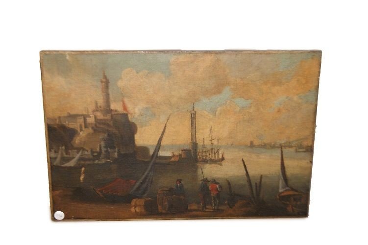 Huile Sur Toile Marine Aux Personnages De Port, 1700