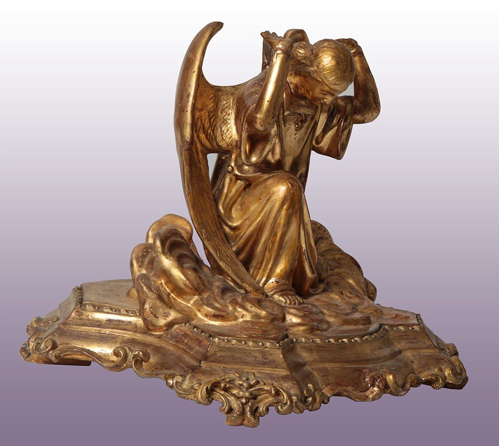 French Wooden Sculpture From The 1800s Representing A Kneeling Angel