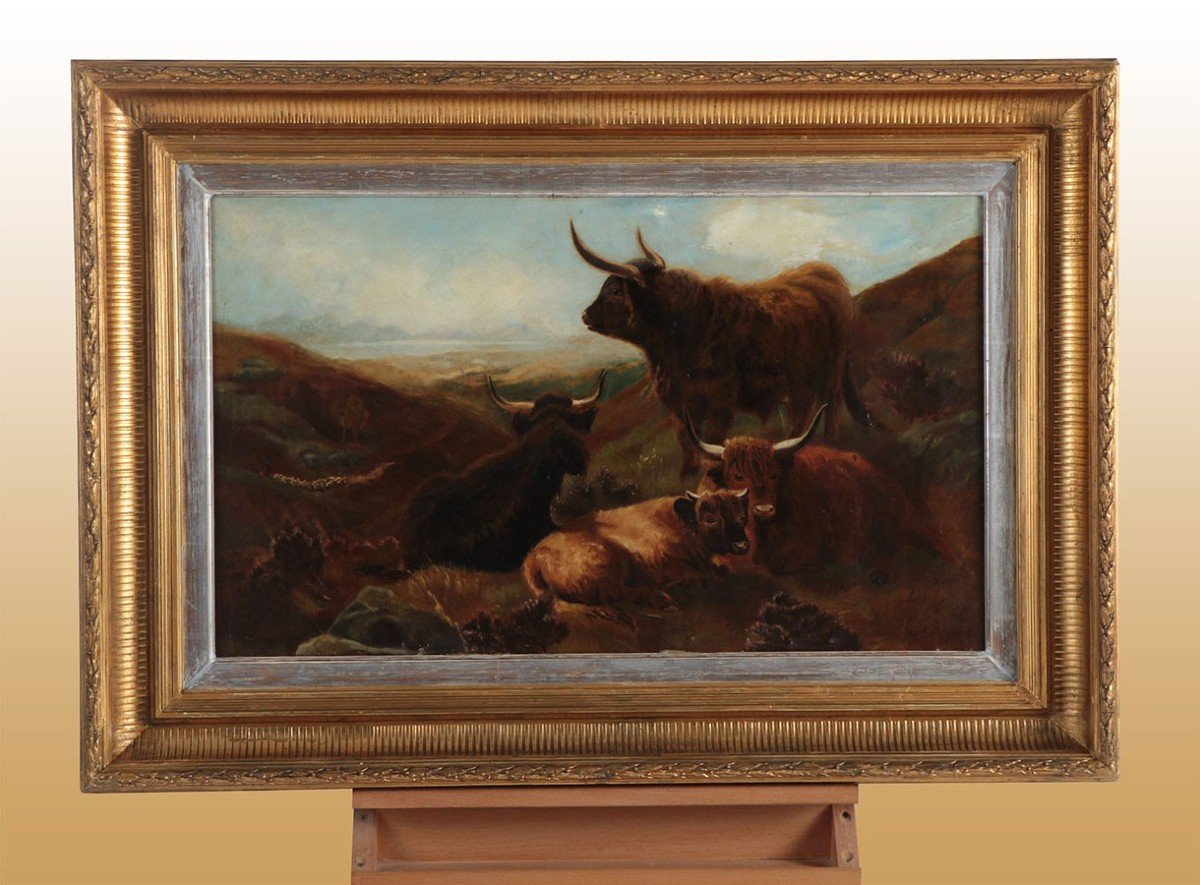 Oil On Canvas From 1800 Representing A Pasture Scene With Oxen