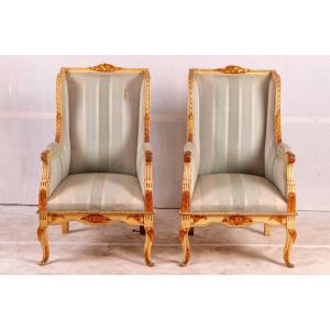 Pair Of Louis XV Style Lacquered French Bergeres