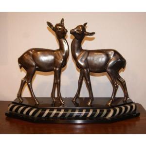 French Decò Bronze Sculpture From The Early 1900s, Pair Of Stags With Marble Base
