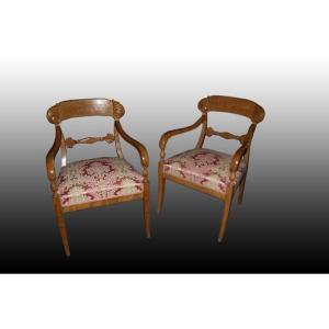 Group Of 3 Biedermeier Armchairs In Birch Wood With Carvings