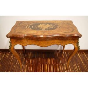 1800s Game Table In Heather Walnut With Louis XV Inlays