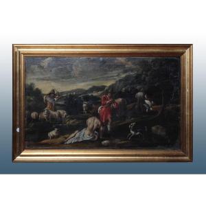 Italian Oil On Canvas From 1600 Bucolic Landscape With Animals And Characters