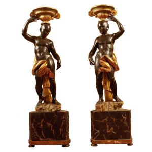 Pair Of Extraordinary Painted Wood Moors, Resting On A Marble Plinth. Origin: Northern Italy