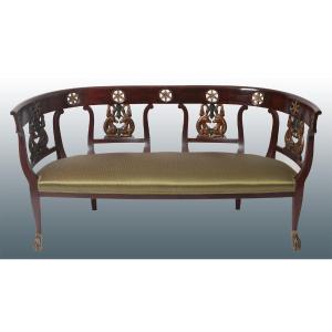 Italian Sofa, Genoa, Empire Style Early 1800s, In Mahogany Wood. It Features Perforated Wood 