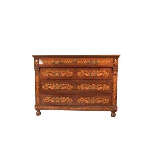  Commode Hollandaise De 1700 En Acajou à 4 Tiroirs Richement Incrustés