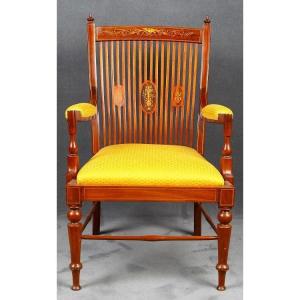 English Armchair From The Mid-1800s, In Victorian Style, In Mahogany Wood. It Features An Inlay