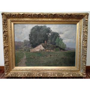 Impressionist Oil On Canvas, Representing A Spring Landscape With A Plain And A Hill, With A Th