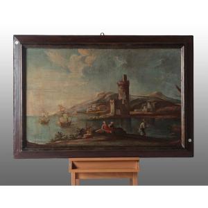  Peinture à l'Huile Italienne Sur Toile De 1700   Vue Marine Avec Personnages