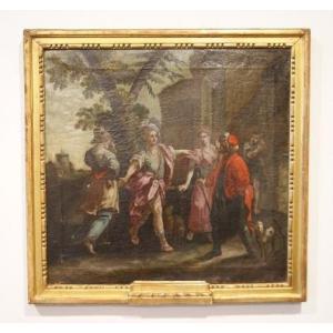 Oil On Italian Canvas From 1700 On The First Canvas. Scene Represented With 5 Characters