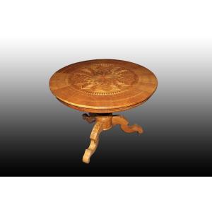 Grand Table Circulaire Italien "sorrentino" Richement Incrusté En Noyer Datant Des Années 1800