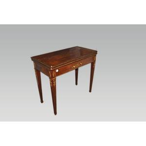 French Empire-style Gaming Table From The 1800s, Made Of Mahogany Wood With Bronze Accents.