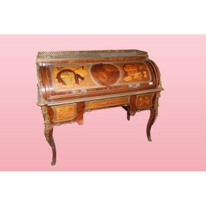 Large Louis XV Desk On Wheels Richly Inlaid From The Early 1800s