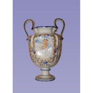 Pair Of 19th-century French Vases In White Ceramic Decorated With Blue And Cherubs