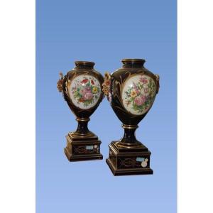 A Pair Of Large Parisian Vases From The Mid-1800s, Blue With Flowers