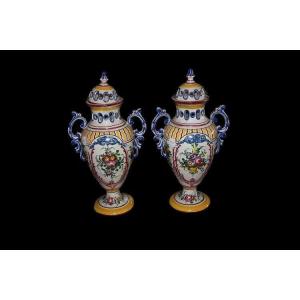 Pair Of French Ceramic Jars With Lids From The Early 1900s, Lavishly Decorated With Floral
