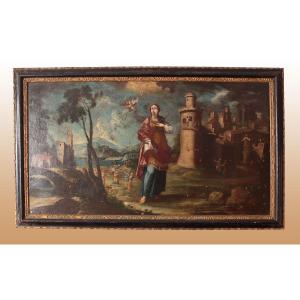 Grande Peinture à l'Huile Sur Toile De 1700 Représentant Santa Barbare Sujet Sacré