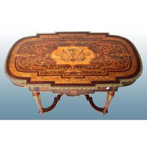 Rectangular Center Table With Round Corners. Inlay Rich In Polychrome With Floral Pattern. 4 Gr