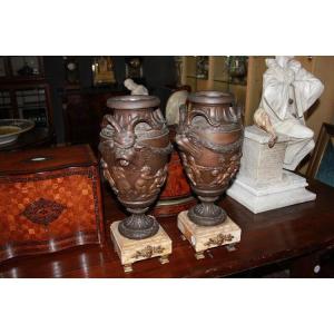 A Pair Of Large Antimony Vases With Yellow Marble Bases From The 19th Century