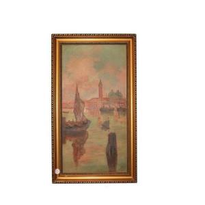 Oil On Canvas From Eastern Europe From The Early 1900s Depicting A Venetian Scene With Gondolas