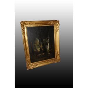 Beautiful French Oil On Canvas From The Second Half Of The 1800s, Depicting A Forest With 