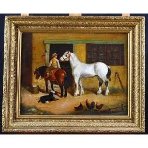 Huile Sur Toile Anglaise Des Années 1800 Enfant à Cheval 