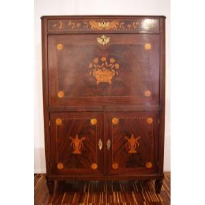 Late 1700s / Early 1800s Dutch Secretaire In Finely Inlaid Mahogany Feather.