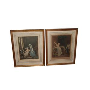 A Pair Of Beautiful Late 19th-century French Color Prints Depicting Indoor Scenes With Male 