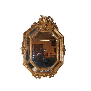 Superb French Octagonal Mirror From The Second Half Of The 1800s, Louis XV Style, In Wood Gilde