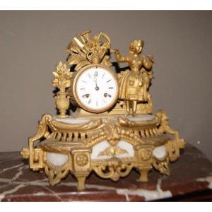 French Table Clock From The Second Half Of The 19th Century In Gilded Metal With A Marble Top