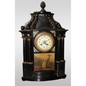 Pendule Horloge Italienne Du Début Du XIXe Siècle Avec Petite Peinture De Paysage