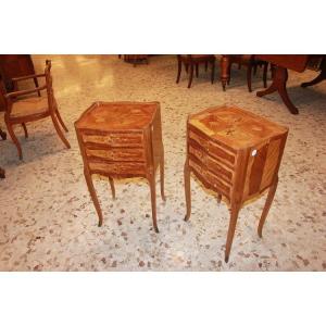 Pair Of French Bedside Tables With 3 Drawers From The Second Half Of The 1800s, Louis XV Style