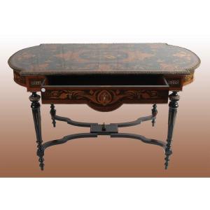 Ebony Salon Table With Floral Polychrome Inlay And Musical Instruments. Mahogany Interior Drawe