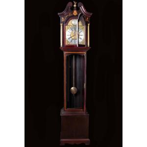 Column Clock In Inlaid And Threaded Mahogany, Signed Jr Ogden Harrogate. Very Beautiful Is The 