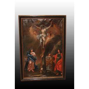 French Oil On Canvas From The 1700s Depicting The Crucifixion. Portrait Of Jesus Christ 