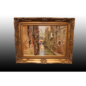 Huile Sur Toile Italienne Du XXe Siècle Représentant Une Vue De Venise. Signée