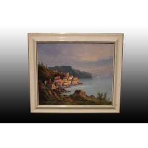 Italian Oil On Canvas From The Mid-20th Century Depicting The Amalfi Coast. Coastal Landscape 